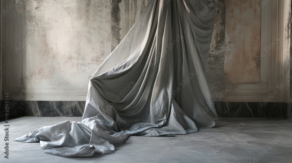 Poster Elegant draped fabric on floor in minimalistic interior with textured walls creating a sophisticated atmosphere for artistic compositions