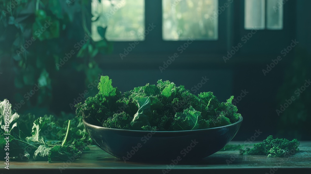 Poster Fresh organic kale in a rustic bowl on a wooden table with lush greenery in the background perfect for healthy eating concepts and recipes.