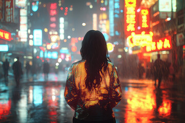 Obraz premium Cyberpunk woman in holographic raincoat stands on a rainy neon-lit street with glowing puddles reflecting the vibrant city lights
