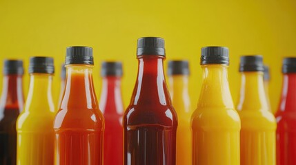 Variety of colorful sauce bottles arranged on a bright yellow background showcasing different sauces in plastic containers