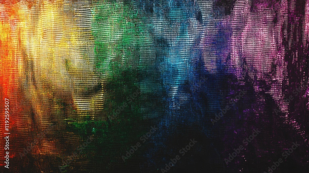 Poster Vibrant rainbow light reflections creating a mesmerizing pattern on a textured black background