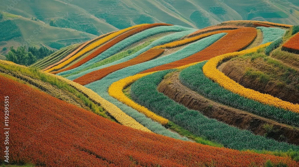 Poster vibrant terraced fields showcasing colorful crop patterns on rolling hills under a clear blue sky