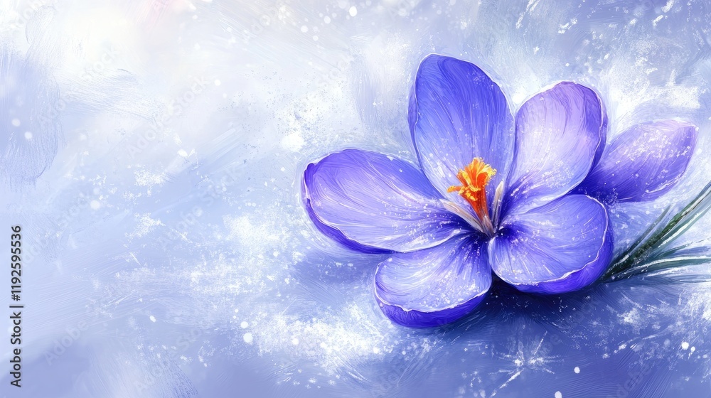 Poster crocus flower blooming against a soft blue background with sparkling accents and hints of winter sno