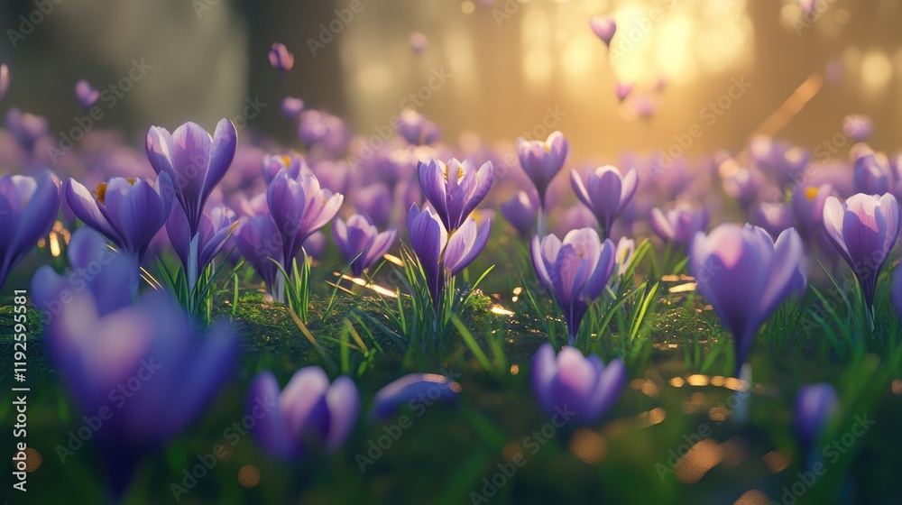 Poster vibrant crocus flowers blooming in lush green grass under a soft golden light in a serene forest set