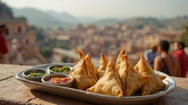 Plato de samosas crujientes con salsas servido al aire libre en la India