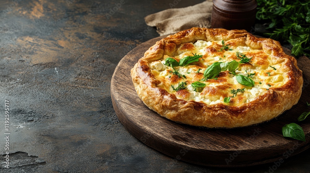 Poster rustic ricotta curd pie crostata with fresh basil on wooden board with copy space for culinary and f