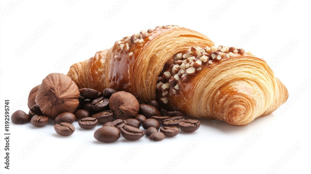 Poster croissant with hazelnuts and coffee beans arranged elegantly on a white background ideal for culinar