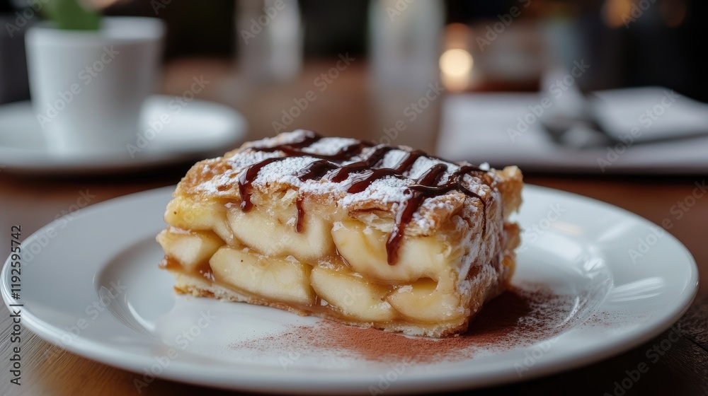 Poster Homemade apple pie slice with cinnamon powder and caramel drizzle served on a white plate in a rustic setting