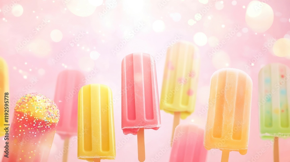 Poster colorful ice cream popsicles with sparkling bokeh background for summer treats and refreshing desser