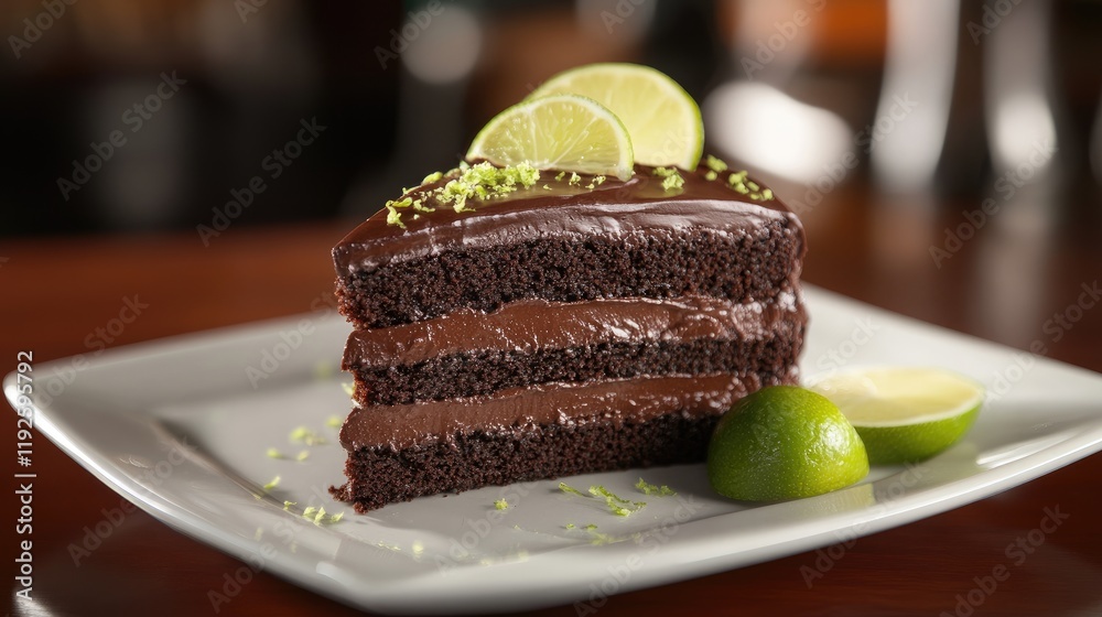 Poster decadent chocolate cake slice topped with lime zest and fresh lime slices on a white plate for an en