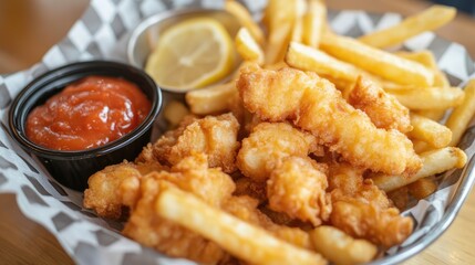 Fototapeta premium Crispy southern fries served in a basket alongside fried fish and dipping sauce perfect for a classic comfort food experience