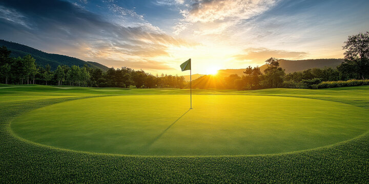 serene golf course putting green at sunset, showcasing vibrant colors and lush grass. flag stands tall, inviting players to enjoy peaceful game