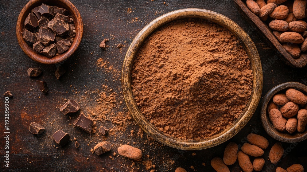Poster Cocoa powder with chocolate and almonds arranged on rustic wooden background top view