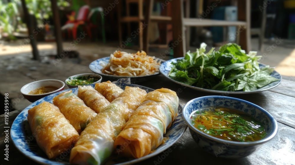 Aufkleber traditional deep fried spring rolls with fish sauce and fresh vegetables served in a rustic setting
