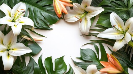 Obraz premium Elegant floral border with white lilies and tropical green leaves for invitations and creative designs.
