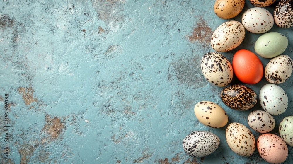 Poster Quail Eggs Display for Easter Festivities with Colorful Varieties and Rustic Background