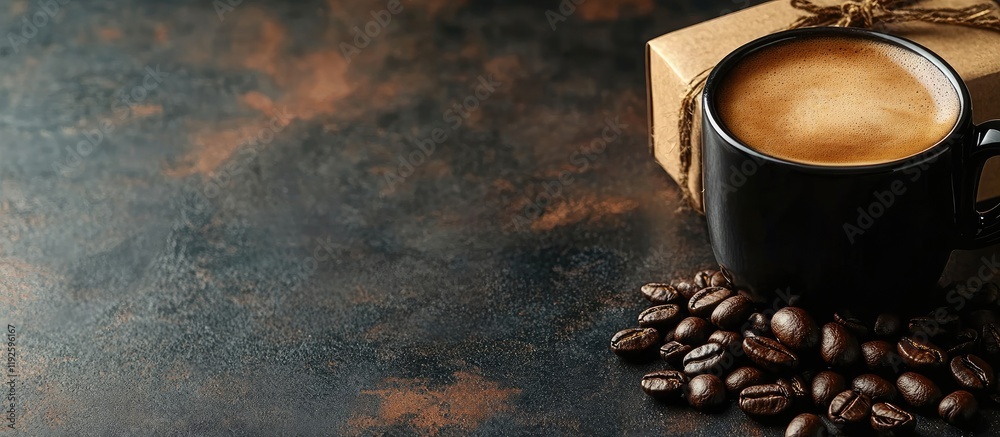 Poster black coffee cup with gift box and coffee beans on dark background for breakfast scene with empty sp