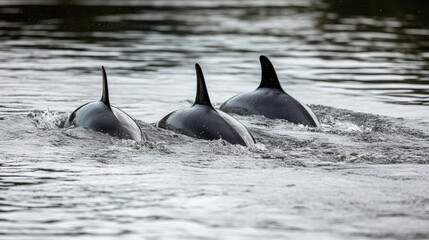 Fototapeta premium Dolphins swimming gracefully in the serene waters showcasing their dorsal fins above the surface in nature's tranquility