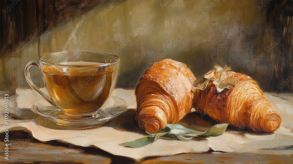 Poster Croissants and a steaming cup of tea on a rustic wooden table creating a warm and inviting breakfast scene.