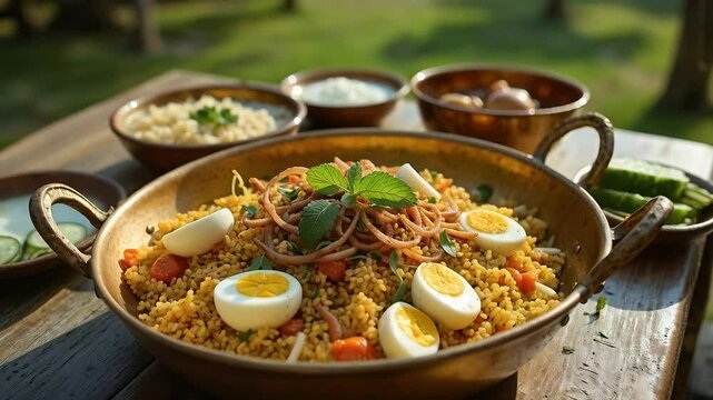 Plato tradicional de arroz especiado con huevo duro y hierbas frescas