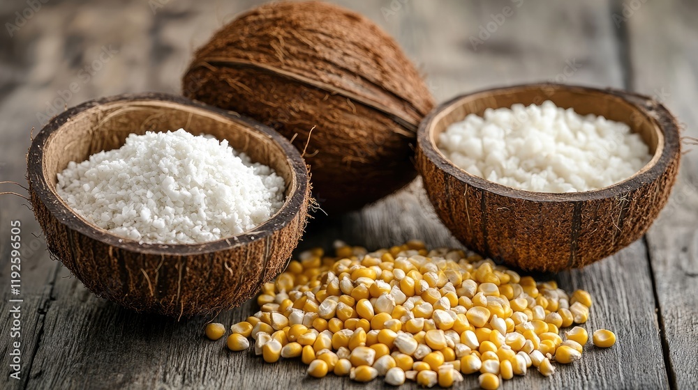 Poster coconut and maize kernels with grated coconut in wooden bowls on rustic wooden background showcasing