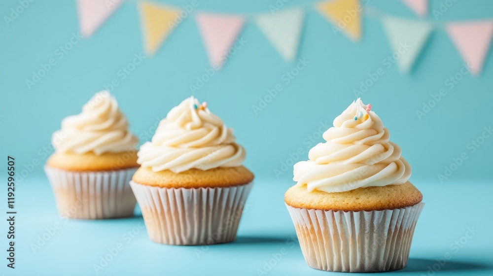 Poster vanilla cupcakes with creamy frosting on blue background perfect for bakery promotional use with cop