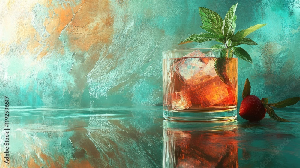 Poster refreshing rum cocktail with mint and ice reflected on a sleek table against a vibrant abstract back