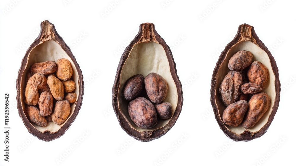 Poster Dried cocoa fruit halves filled with cocoa beans isolated on white background showcasing natural textures and colors of cacao.