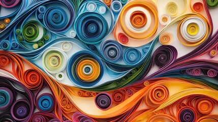 Colorful quilled paper art with intricate spirals and swirls highlighting creativity and craftsmanship in vibrant hues and detailed patterns