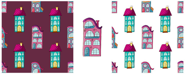 Houses. Set city seamless patterns. Pattern in hand draw style