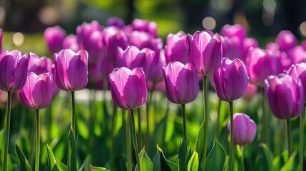 Vibrant violet tulips blooming under sunlight in a lush green garden landscape showcasing nature's beauty and floral elegance