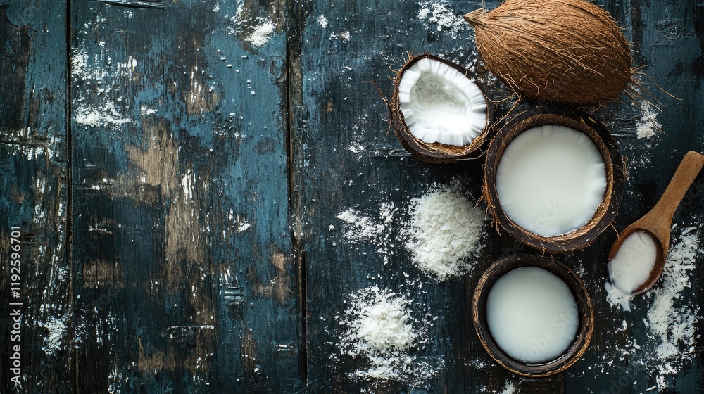 Aufkleber coconut and coconut milk in rustic bowls on wooden table with shredded coconut surrounding them for 