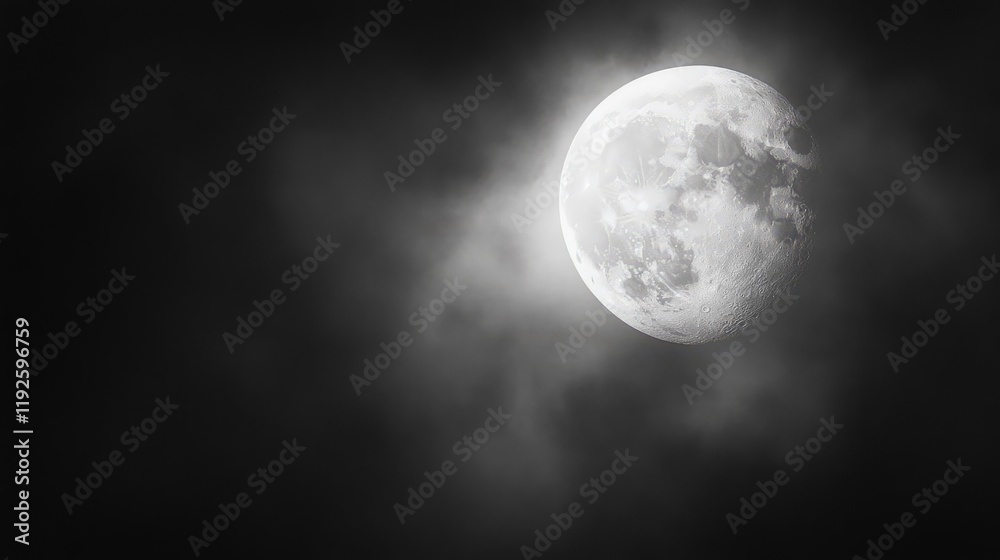 Poster Ethereal moon in cloudy night sky for conceptual design and iconography use.