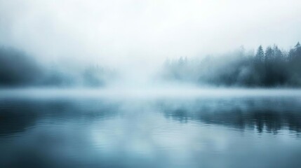 Fototapeta premium Blurred abstract background idea. A serene, foggy lake landscape reflecting calm water and dense fog.