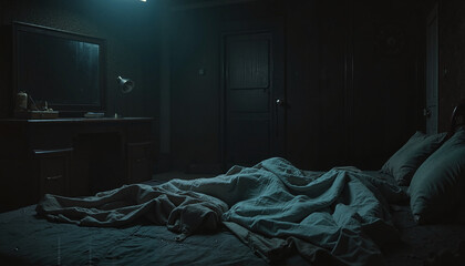 Depressed atmosphere in a dark bedroom with messy bed linens and dim lighting