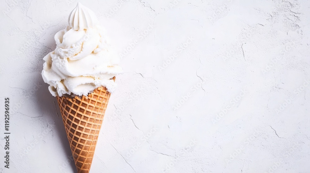Poster Classic vanilla ice cream cone with soft serve in a waffle cone against a clean white background for dessert and culinary themes.
