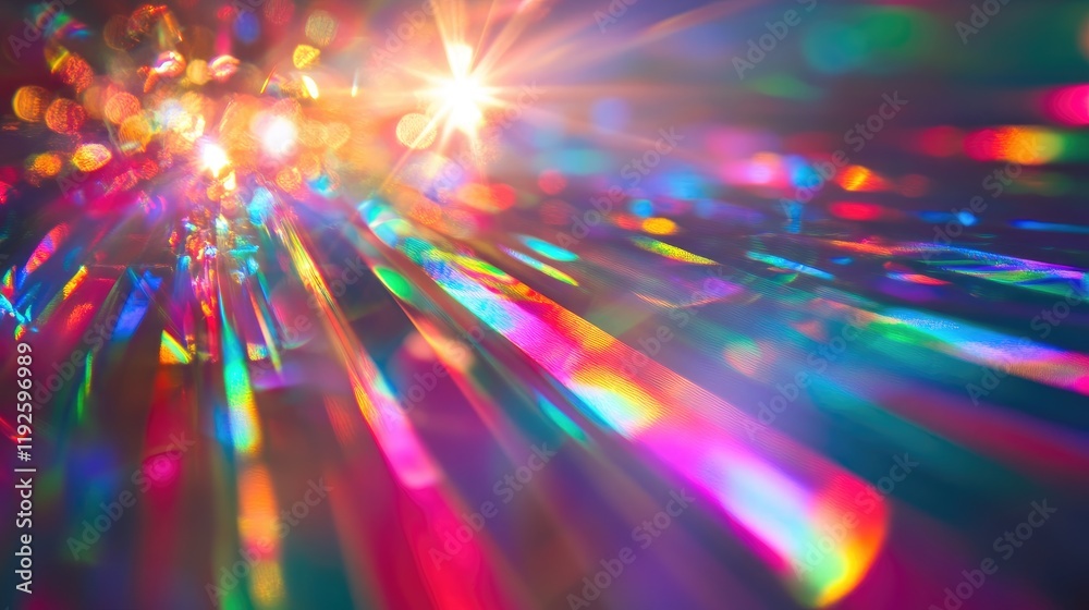 Poster Vibrant Rainbow Prism Light Reflections Creating a Colorful Abstract Background with Dynamic Rays and Bokeh Effects