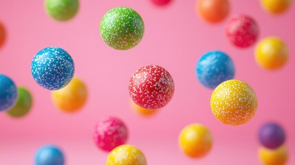 Obraz premium Colorful Floating Spheres on Soft Pink Background with a Playful and Festive Atmosphere Ideal for Fun and Creative Projects