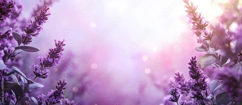 Poster close up of vibrant purple flowers with a dreamy blurred garden background creating an ethereal atmo