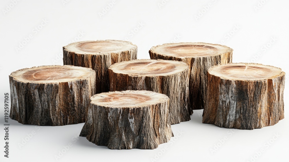 Leinwandbilder Cross section view of multiple tree stumps arranged artistically on a clean background showcasing natural wood textures and patterns