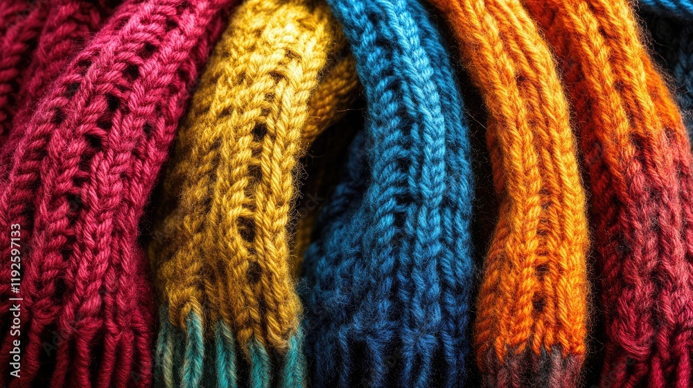 Aufkleber colorful wool knitted textiles with closeup detail of scarf and large binding needles on soft backgr