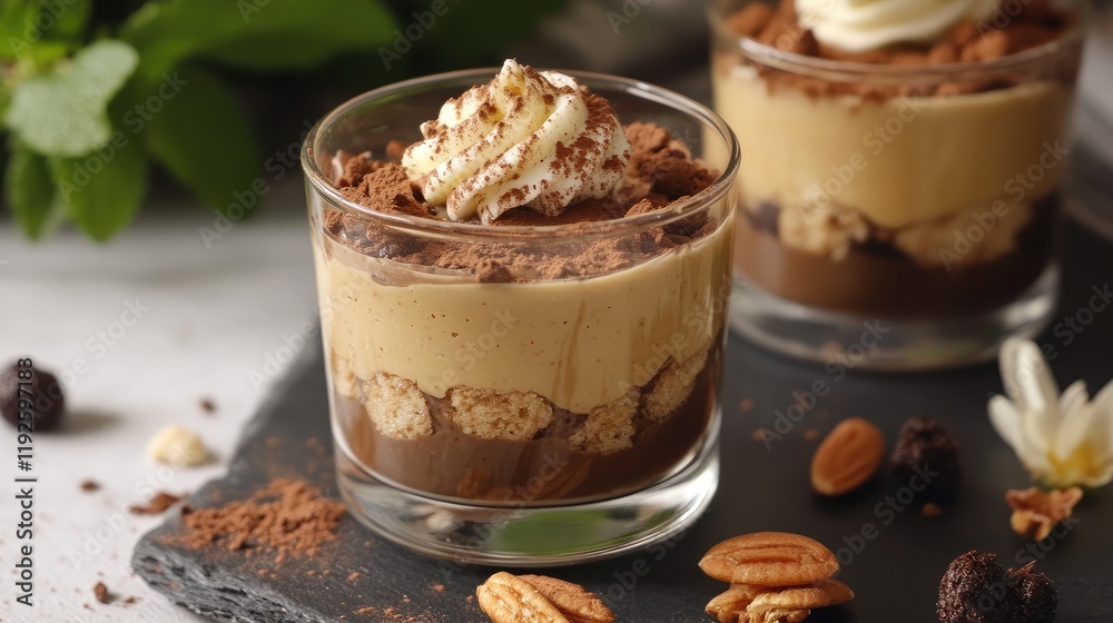 Poster vegan chocolate pudding dessert with whipped topping and nuts on a slate background garnished with g