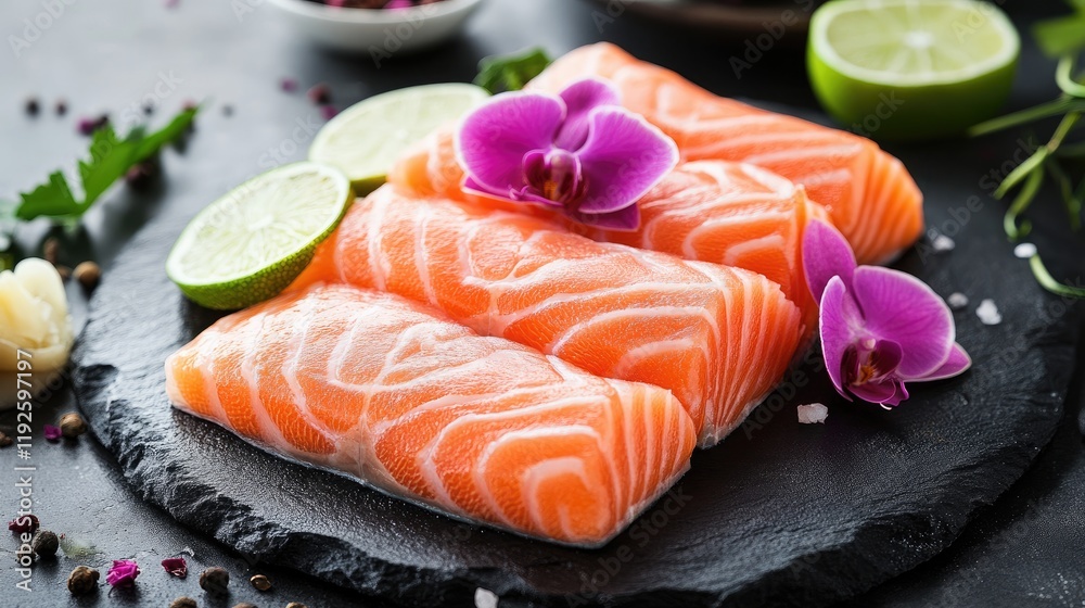 Poster Fresh salmon sashimi elegantly arranged with lime slices and vibrant orchids on a dark slate serving plate for an appetizing presentation.