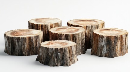 Fototapeta premium Cross section view of multiple tree stumps arranged artistically on a clean background showcasing natural wood textures and patterns