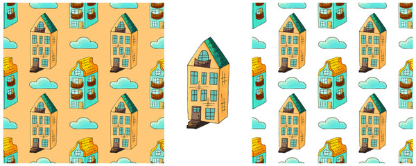 Houses. Set city seamless patterns. Pattern in hand draw style