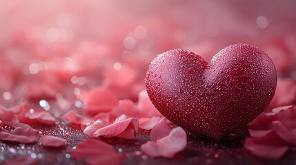 Obraz premium Romantic Valentine's Day Background with Dewy Red Heart and Petals
