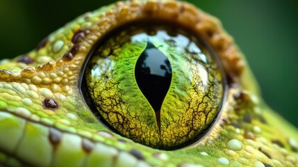 Fototapeta premium Close up of an intricate green reptile eye showcasing detailed textures and vibrant colors in a natural setting.