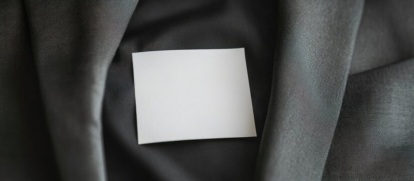 Close up of blank paper attached to dark jacket fabric for text customization or label creation in fashion or branding contexts