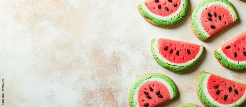 Poster Vibrant Vegan Watermelon Cookies Arrangement on Rustic Table with Space for Text Display