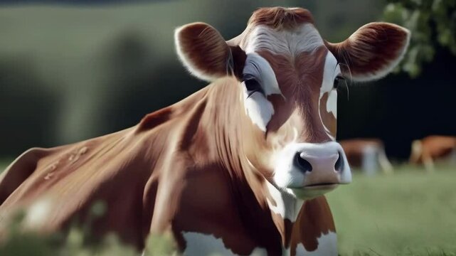 A domestic cow is grazing in a meadow